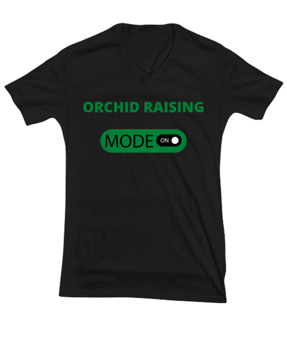 ORCHID RAISING, black Vneck Tee. Model 64027