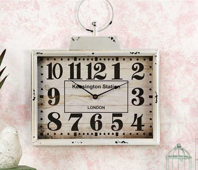 15" White Wash Large Metal Rectangle Antique Look Wall Clock Glass