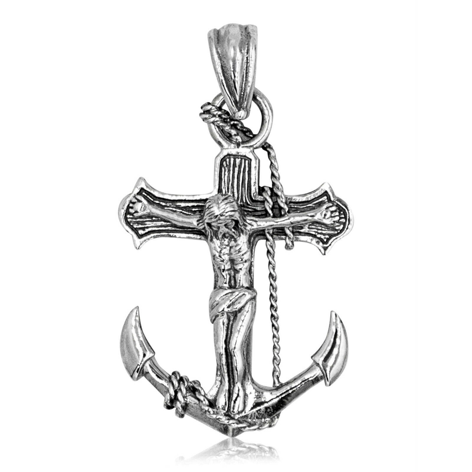 925 solid Sterling Silver Jesus on Anchor Cross Crucifix Mariner's ...