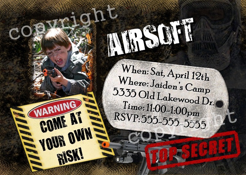 AIRSOFT war Invitation Birthday Party Photo Invite Hunt Country Outdoor