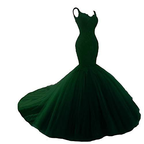 Women Mermaid Tulle Beaded Lace Formal Long Evening Prom Dress Emerald Green 4