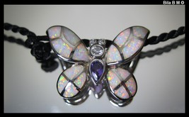 BUTTERFLY PENDANT - OPAL, AMETHYST and CZ in STERLING with Black Cord Ne... - $89.50