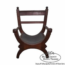 Unusual Antique Aesthetic Walnut Leather Seat X Frame Arm Chair - $1,495.00