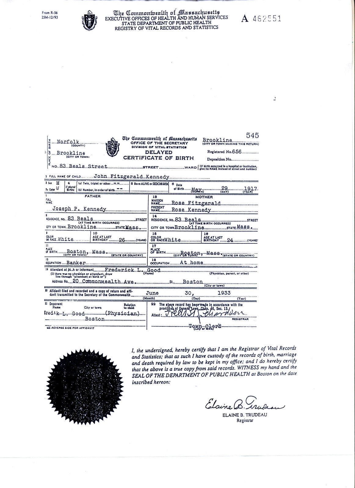 John F Kennedy Birth Certificate And 50 Similar Items 