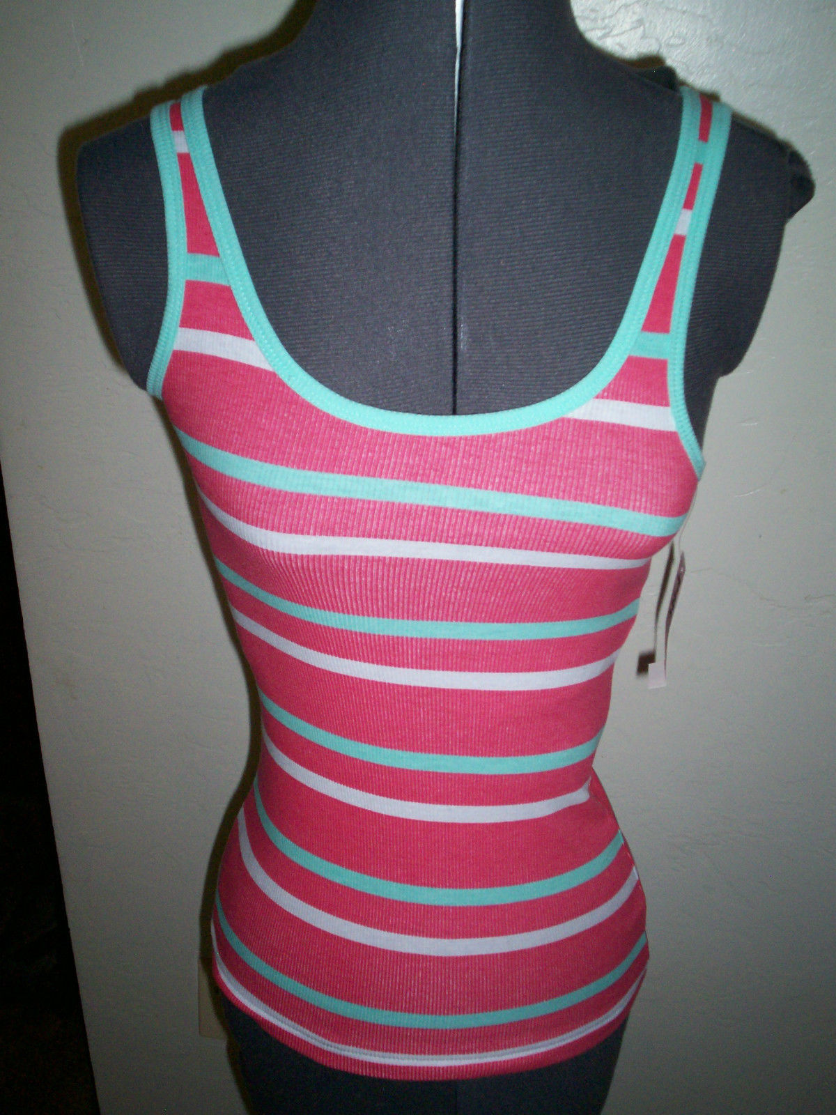 WOMEN'S/JRS LILU STRETCHY RIBBED TANK TOP TEABERRY PINK GREEN STRIPES ...