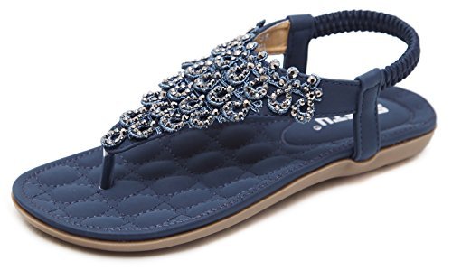 Women's Summer Glitter Thong Flat Sandals, Navy Blue T-Strap Flip Flops ...