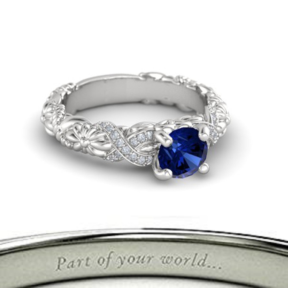 Round Cut 14k White GP Blue Sapphire& CZ Diamond Flowers Knotted Bouquet Ring