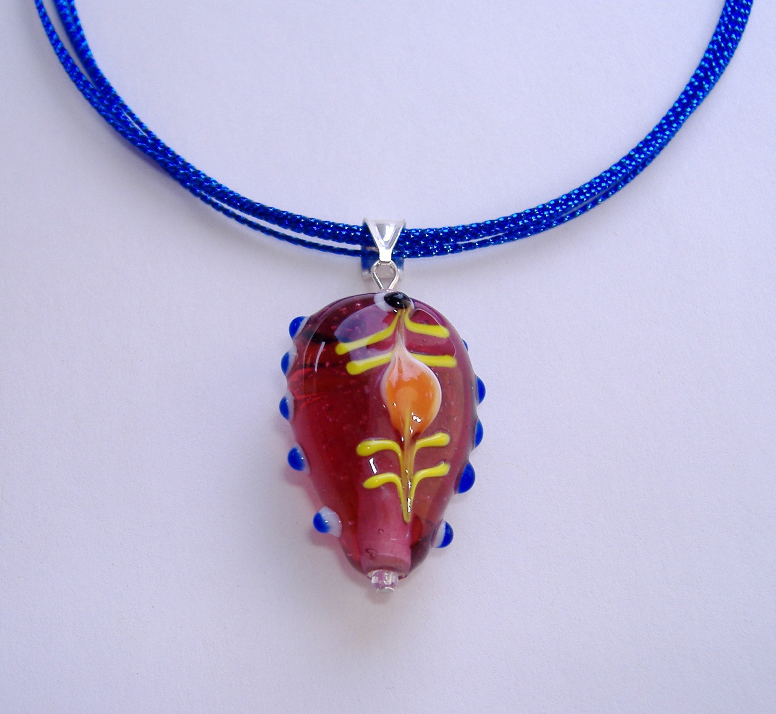 Glass Bead Pendant Handmade Purple Pink 6 Strand Blue Adjustable Cord