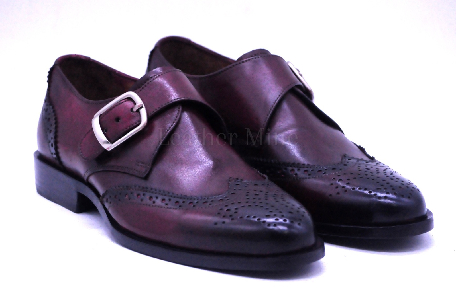 Men's Handmade Brown Leather Brogue Monk Strap Dress Shoes For Men