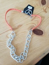 1135 Silver Links W/ Bright Orange Cord Necklace Set (New) - $8.58