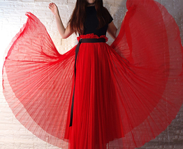 Women Red Pleated Tulle Skirt Party Outfit Slit High Waist Red Long Tulle Skirt image 8