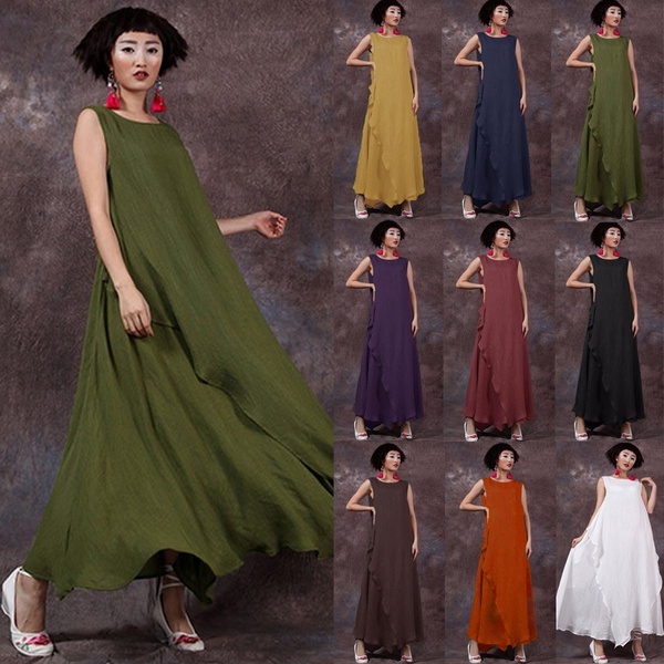 Plus Size Summer Women Sleeveless Retro Loose Casual Kaftan Long Maxi Dress Plus