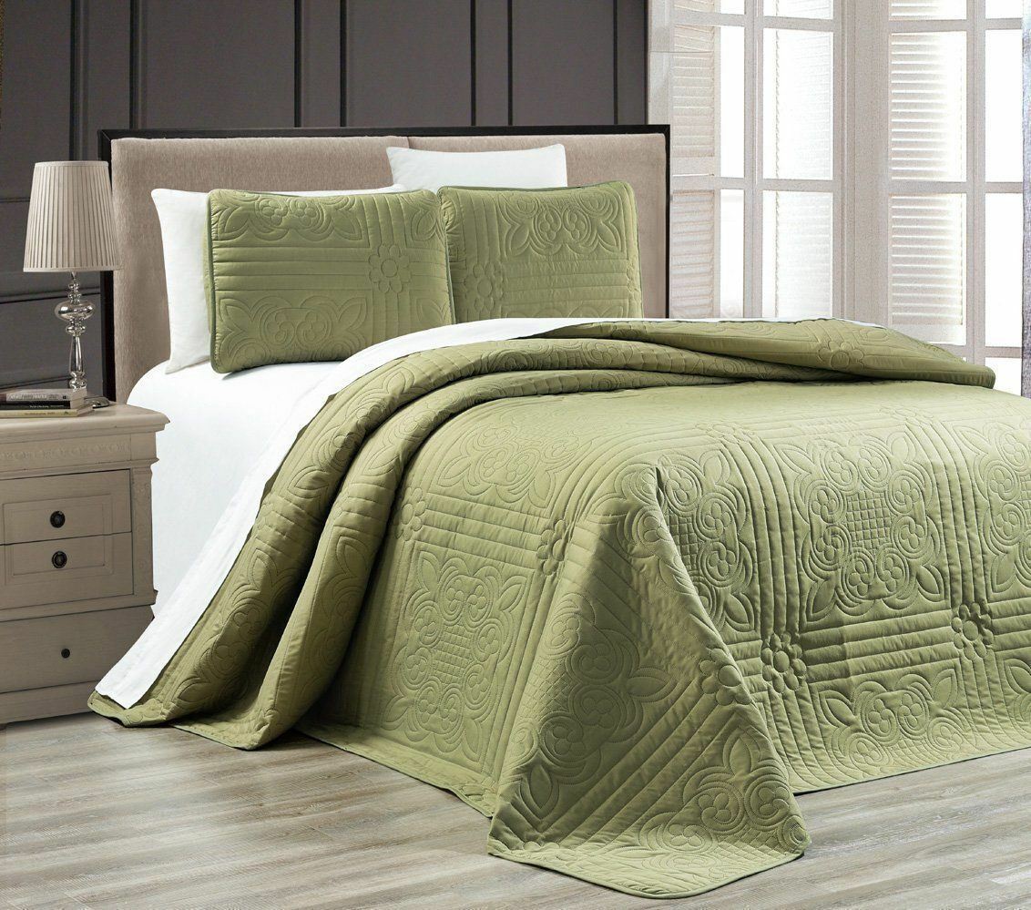 Twin XL Full Queen Cal King Solid Sage Green 3 pc Quilt Set Coverlet ...