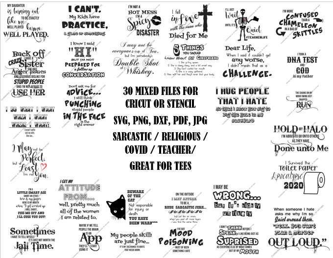 30 Mixed Files for Cricut Stenciling - Great for Tees - svg, png, jpg, dxf, pdf