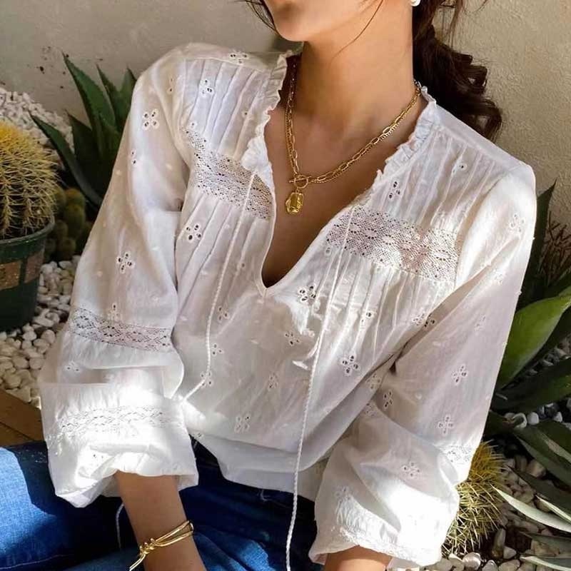 New white cotton lace embroidered long sleeve top bohemian women boho blouse