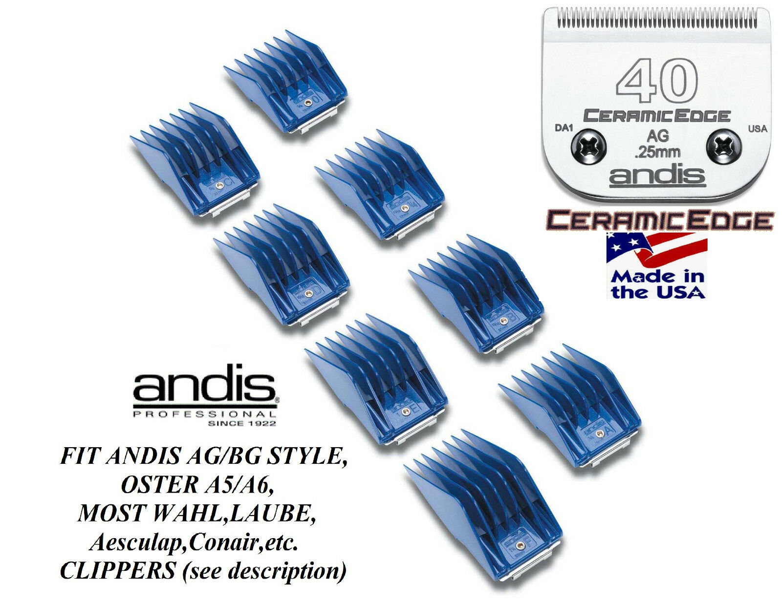 ANDIS 8 UNIVERSAL SNAP ON COMB&CeramicEdge 40 BLADE Fit Most Oster,Wahl Clipper
