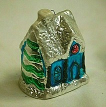 Ceramic Christmas Village Tree Ornament Blue Cottage Metallic Glaze Buil... - $12.86