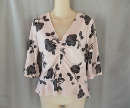 Candie&#39;s top Small blush pink black flowers V neck ruched peplum 3/4 sle... - $8.77