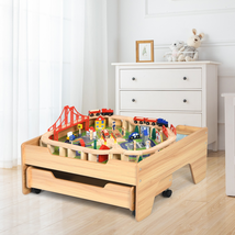Children's Wooden Railway Set Table with 100 Pieces Storage Drawers image 8