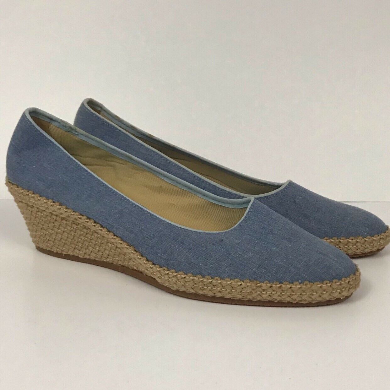 1980s Blue Espadrilles Wedge Shoes / 80s Canvas Slip On Woven Shoes ...