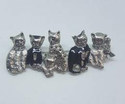 Vintage 6 Cats Black Enamel and Silver Tone Rhinestone Kittens Brooch Pin - $11.99
