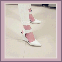 White Faux PU Leather Ankle Strap Pointed Toe 3 inch Wedge Heel Sandals image 1