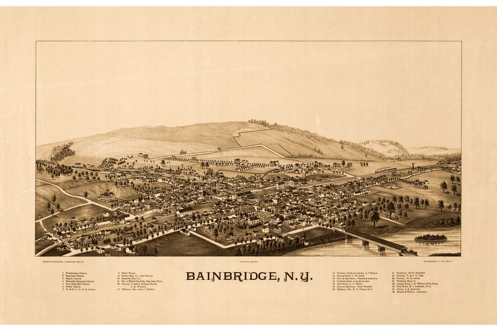 Bainbridge, New York; Antique Birdseye Map; 1889 Posters & Prints