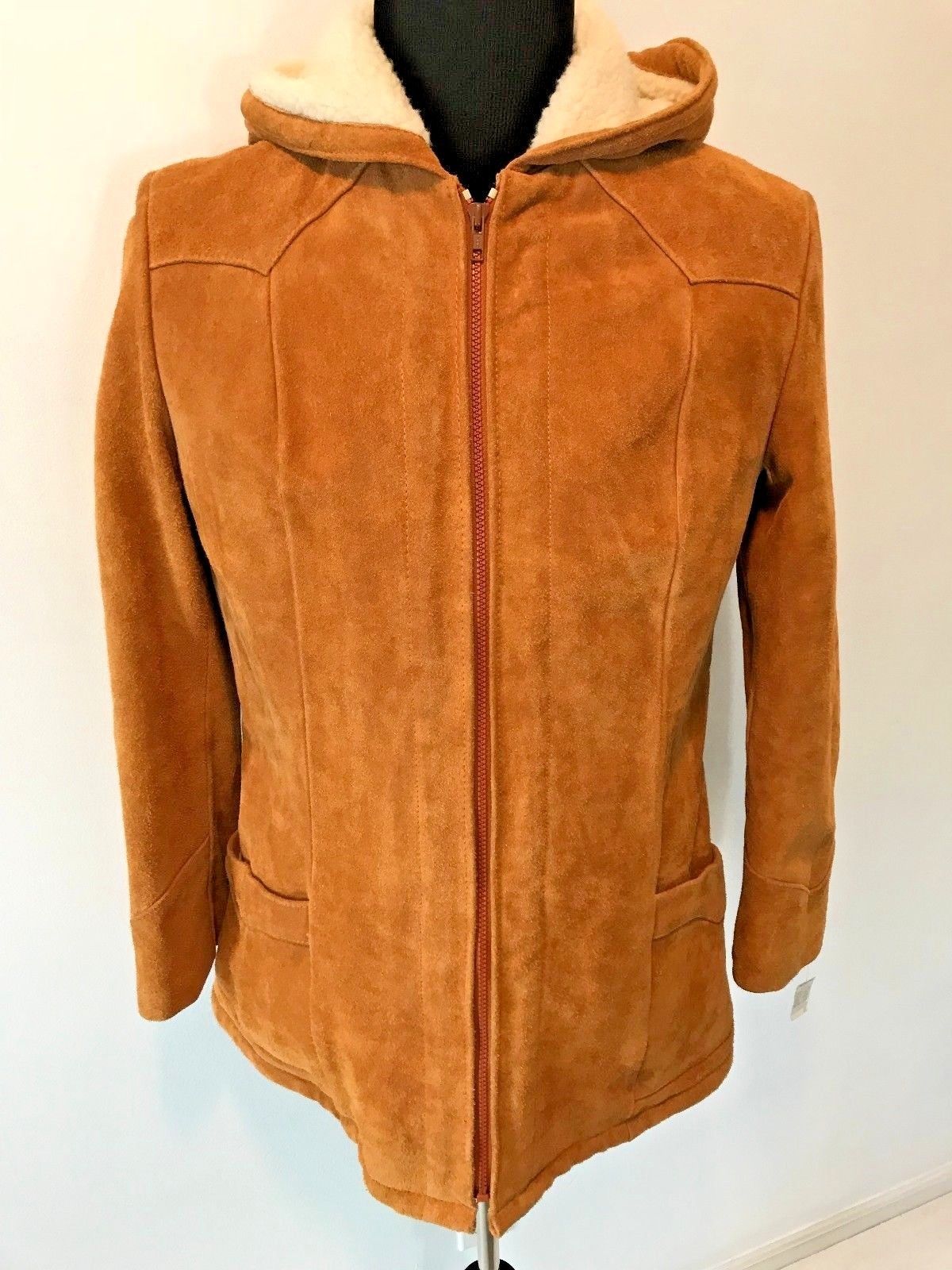 Vintage JCPenney Cowhide Suede Sherpa Lined Hooded Jacket Coat NWT size