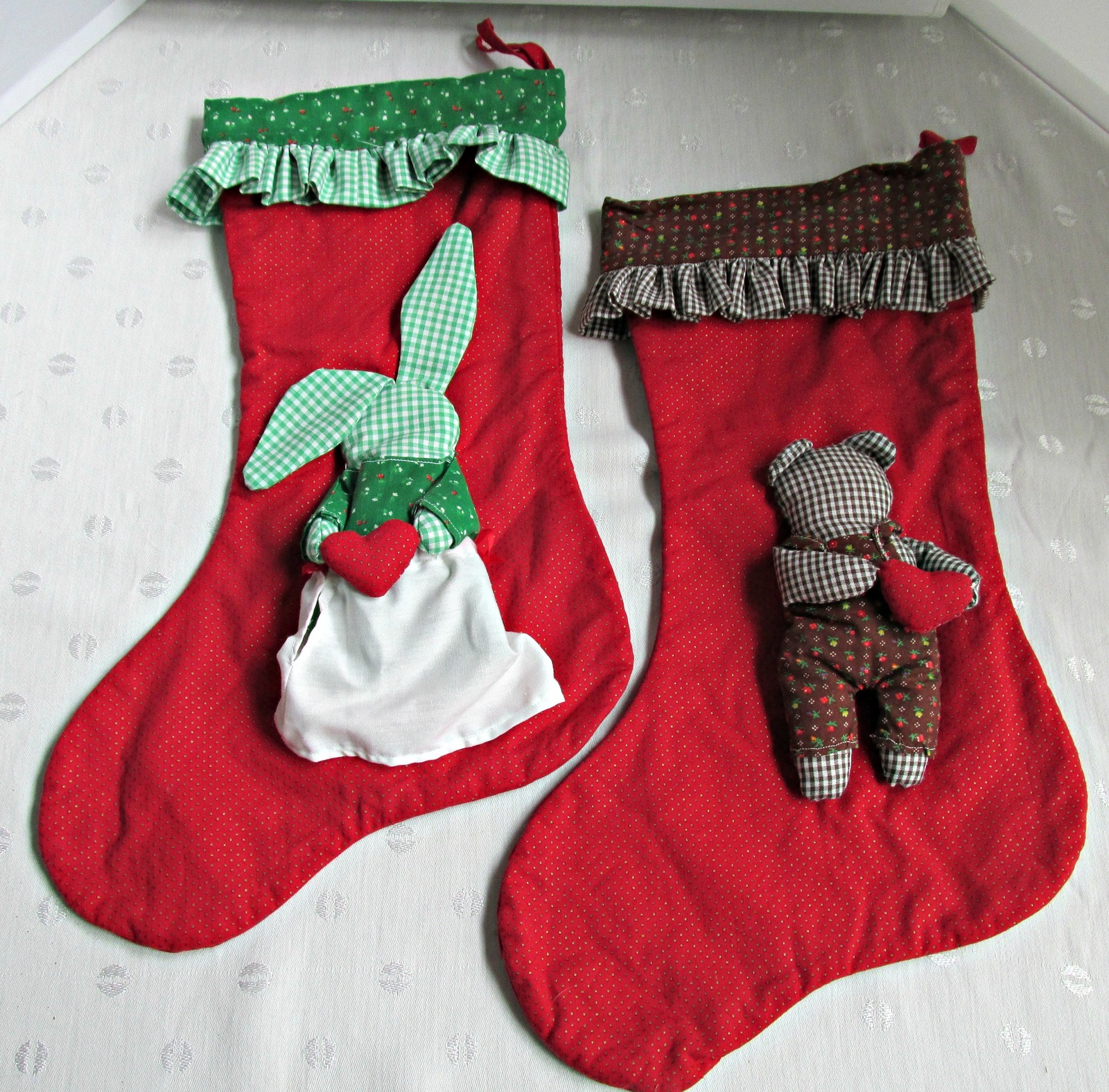 xmasstockings10 xmasstockings10 cotton christmas stockings pair boy girl rabbits red green handmade vintage - Red And Green Christmas Stockings xmasstockings10 xmasstockings10 cotton christmas stockings pair boy girl rabbits red green handmade vintage - Red And Green Christmas Stockings