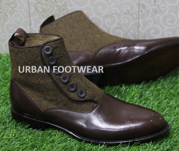 New Mens Handmade Stylish Formal Boot, Brown Tweed & Dark Brown Leather Ankle