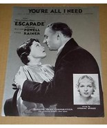 William Powell Luise Rainer Sheet Music Vintage 1935 Escapade - $23.99