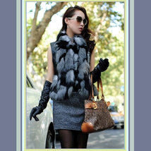 Long Silver Hair Fox Faux Fur Patchwork On Black Faux Leather Vest Coat Jacket