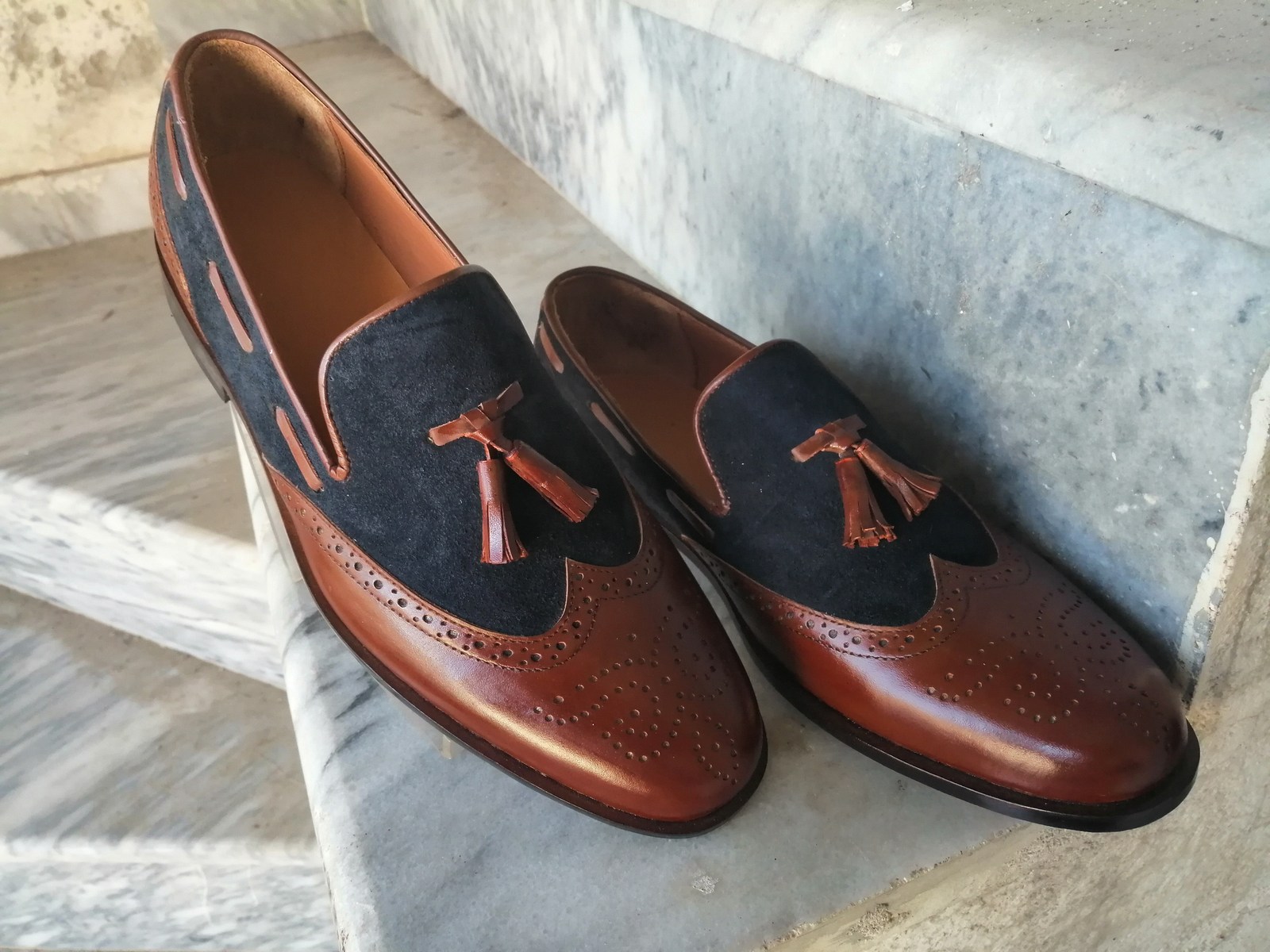 Handmade Men's Dress Leather & Suede Tassel Brown & Blue Loafer Shoes