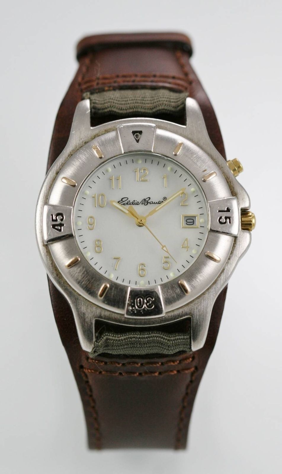 Eddie Bauer Watch Mens Light Date Brown Leather Stainless Silver