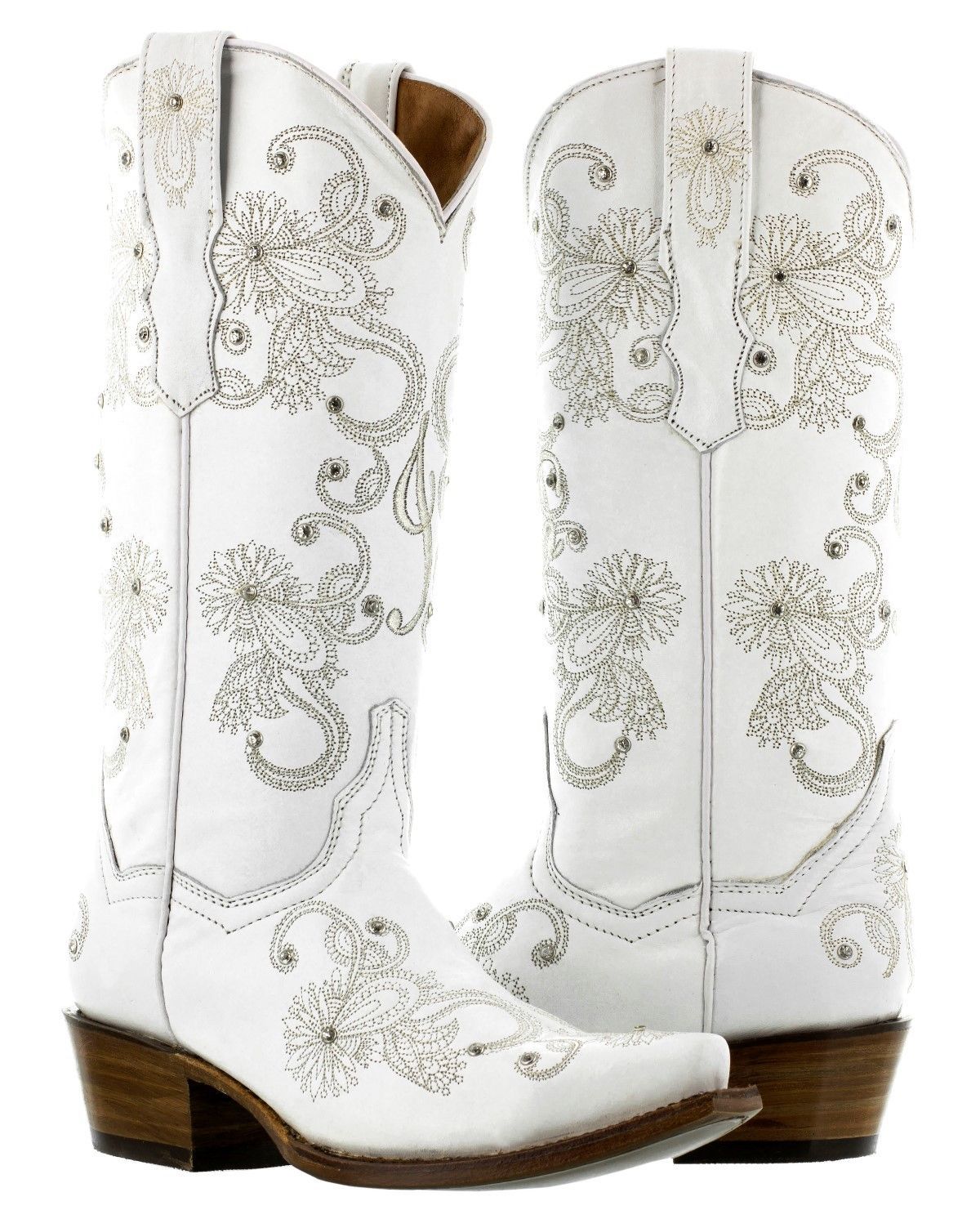 Womens White Wedding Western Cowgirl Boots I Do Embroidered Rhinestone ...