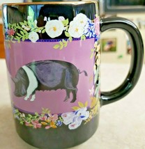Sow Swine Pig Coffee Mug Black With Flowers 15 Ounce Japan Vintage Otagiri  - $23.38