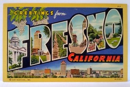 Greetings From Fresno California Large Letter Linen Postcard Unused Curt... - $10.40