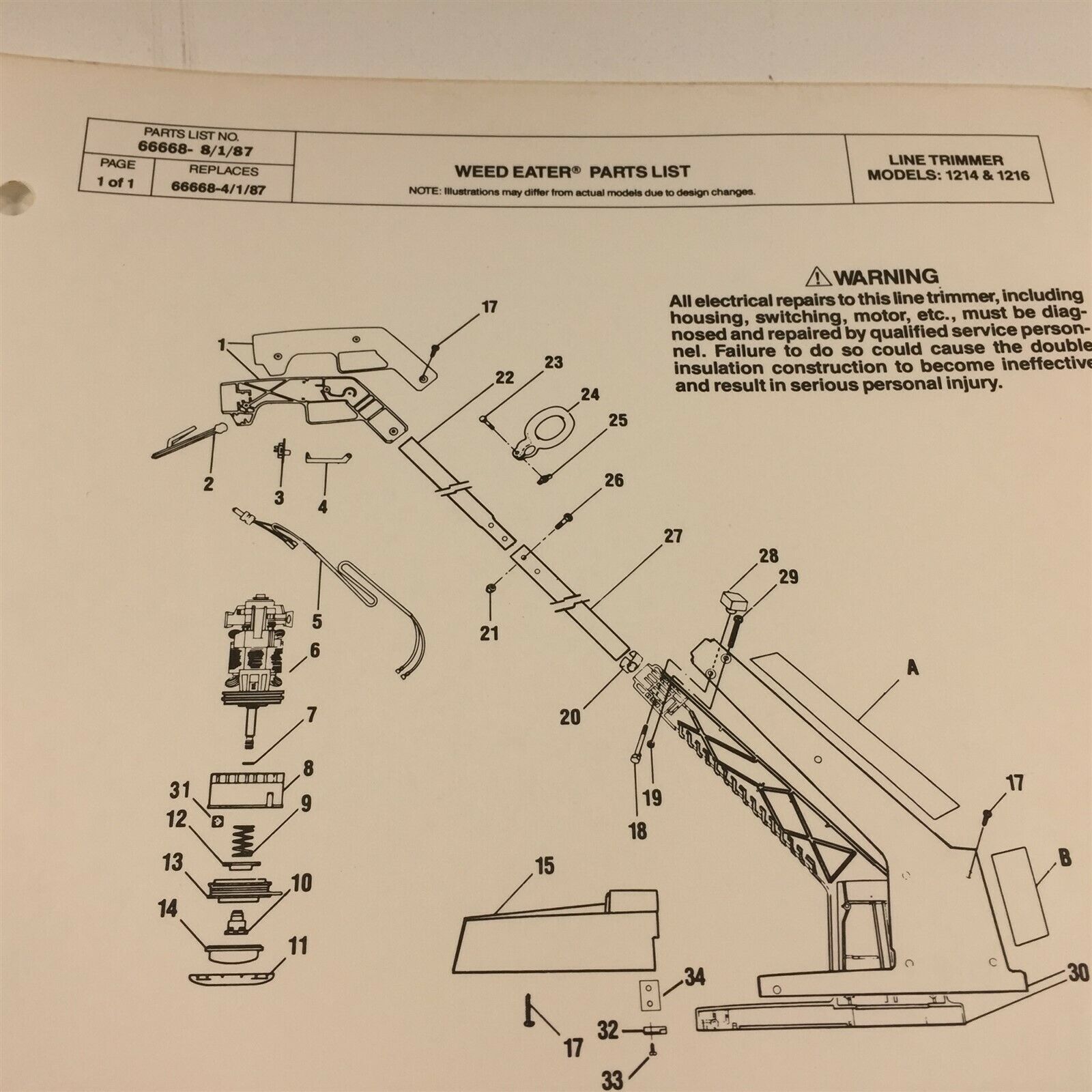 1987 Weed Eater Model 1214 1216 Line Trimmer Parts List 66668 8/1/87 String Trimmer Parts & Accs