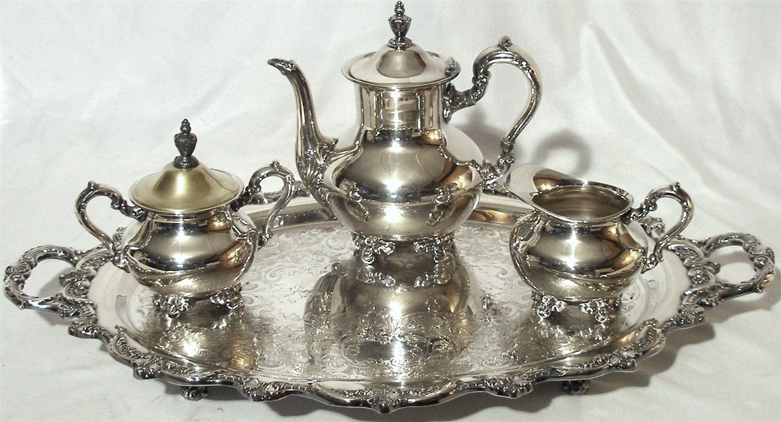 ANTIQUE POOLE SILVER PLATE OLD ENGLISH TEA POT TRAY 5PC ART NOUVEAU