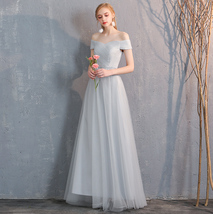 Floor Length Maxi Bridesmaid Dresses Tulle Wedding Dress Light Gray Off Shoulder image 4