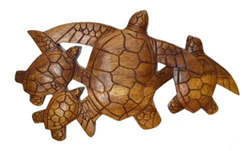 HAND CARVED WOODEN SEA TURTLE FAMILY ART WALL SCULPTURE PLAQUE
