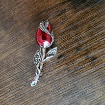 Rose Brooch, Silver Tone with Red Enamel and Rhinestones, Vintage Jewelry image 8