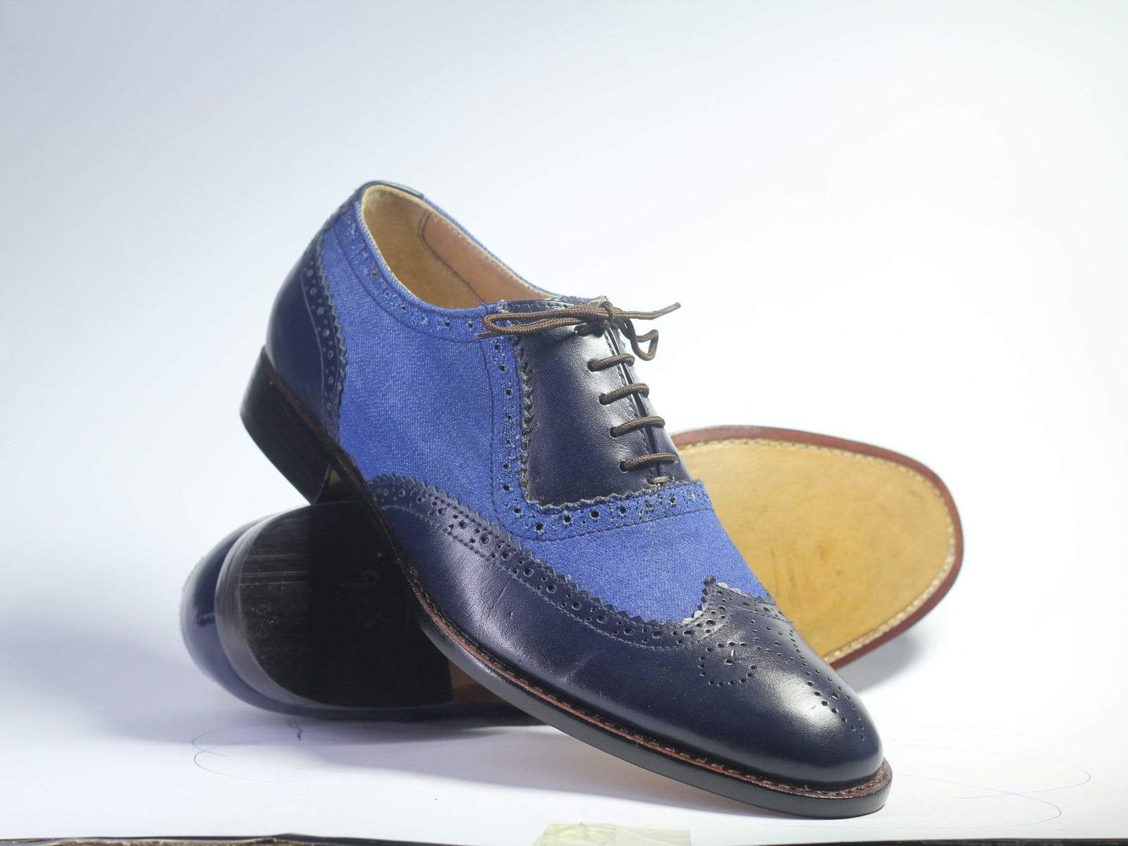Bespoke Navy Wing Tip Brogue Leather & Denim Shoes for Men's - Dress/Formal