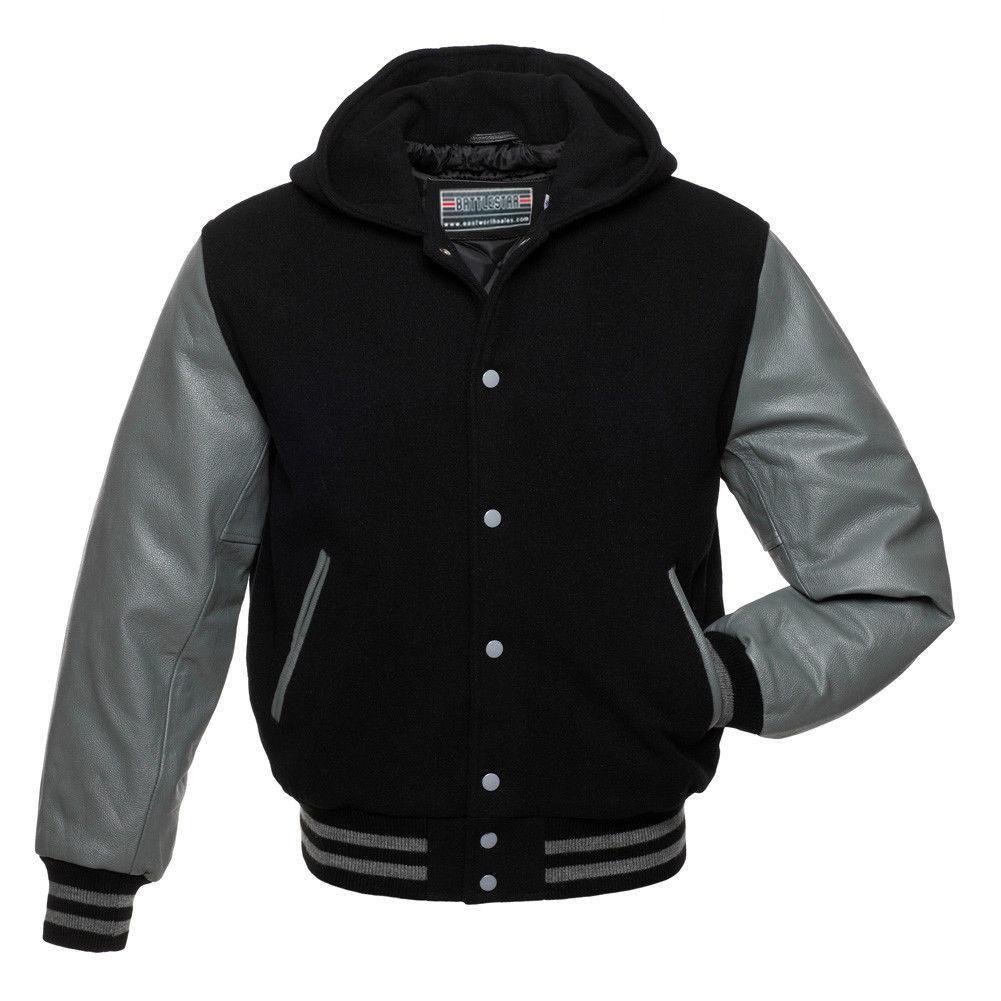 BLACK Wool HOOD Varsity Letterman Bomber Jacket* GREY Pure Leather Sleeve & RIB Outerwear