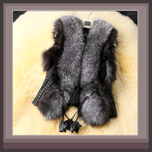 Long Hair Silver Faux Fur Fur Sleeveless Black Vest Jacket with Faux Lea... - $77.95