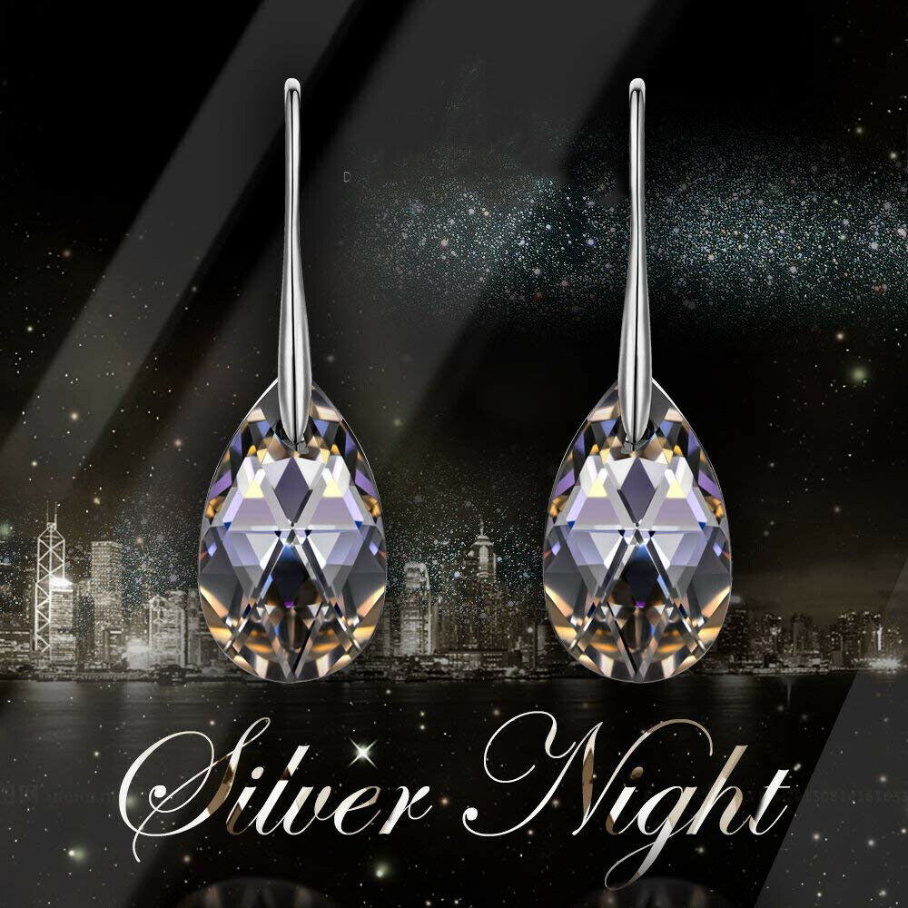 Silver Night Black Teardrop Made with Elements Crystals Hoop Earrings