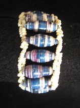 Recycled Paper Bead Cuff Stretch Bracelet Dark Blue Mix with Off White Accents - $8.42