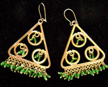 Vintage Bohemian Chandelier Earrings Goldtone Gypsy Green Glass Fringe 1970s 
