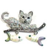Cat Pin Brooch Dangling Fish Charms Crystal Silver Tone Metal - $19.99