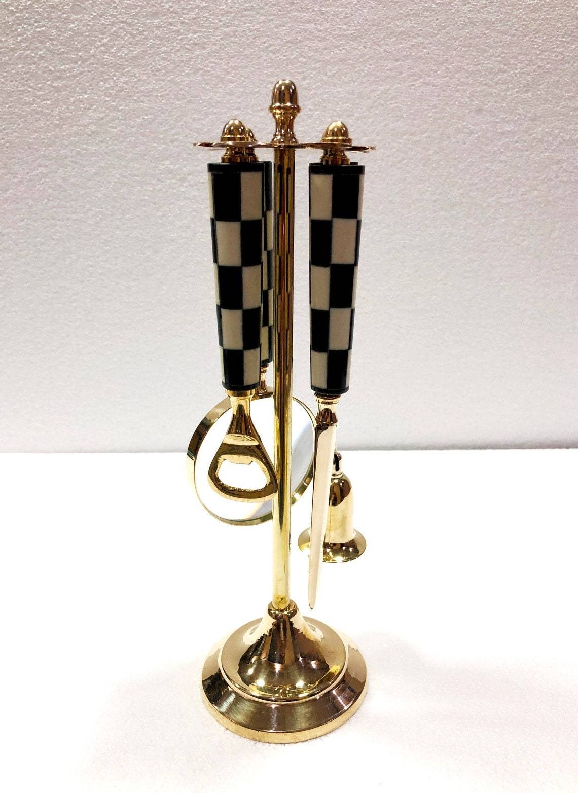 Set of 4 Decorative Brass Checker Magnifying Glass Wine Bottle & Letter